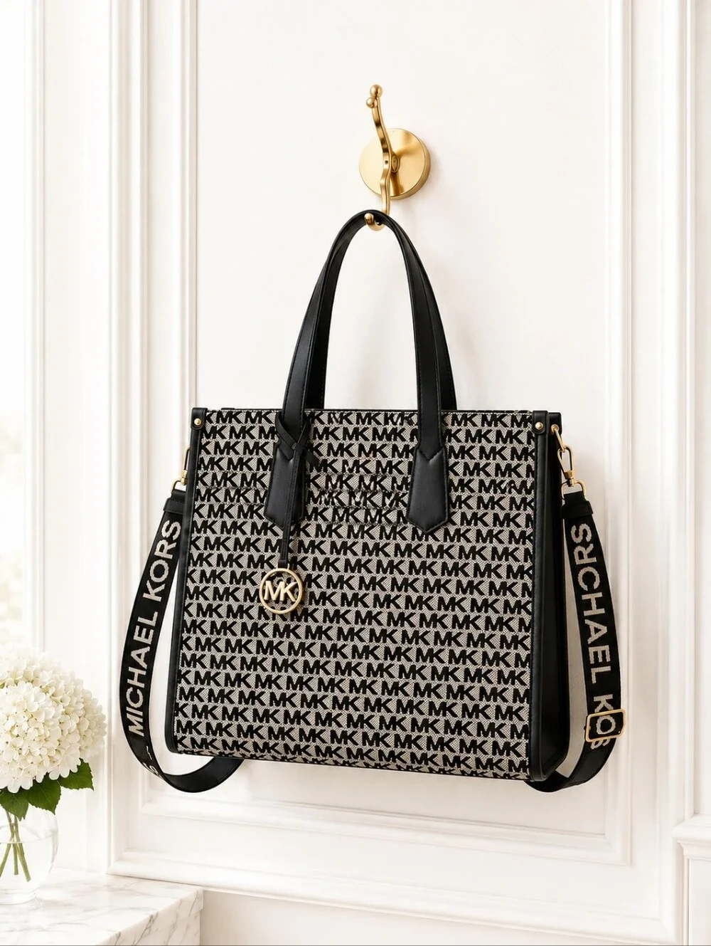 Michael Kors Black & Beige MK Monogram Tote with Logo Strap - Picture 1 of 8